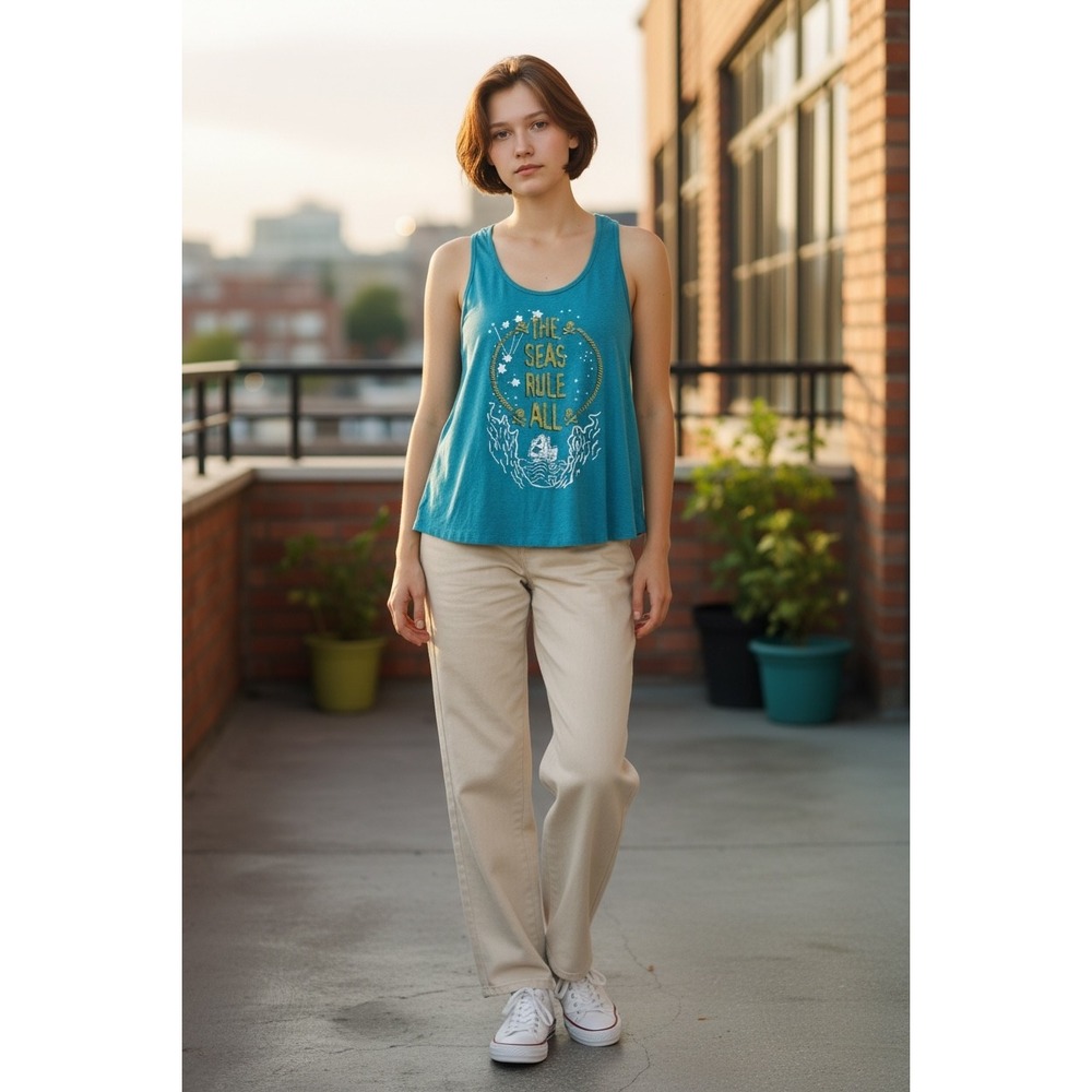 Teal‎ The Seas Rule All Graphic Tank Top Women's Disney Nautical Pirate Ship